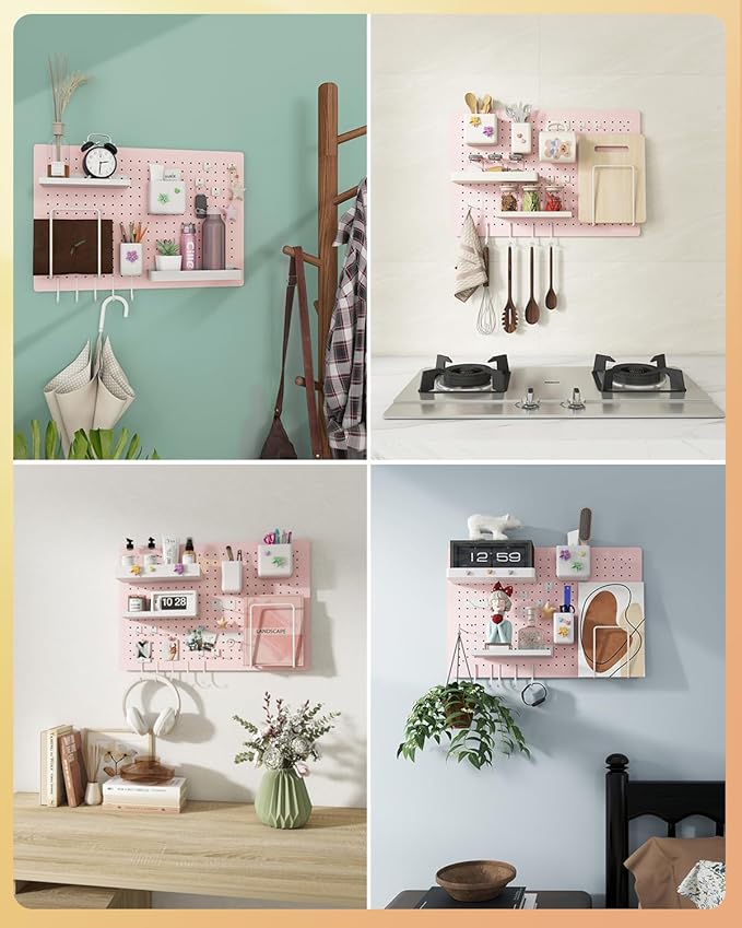 Metal Pegboard Kit — Carbon Steel Pegboards with 26 Accessories, Pegboard Wall Organizer for Home, Office, Study Room, Kitchen, Craft Room & Gaming Setup— 24″ × 16″ Pink Peg Board