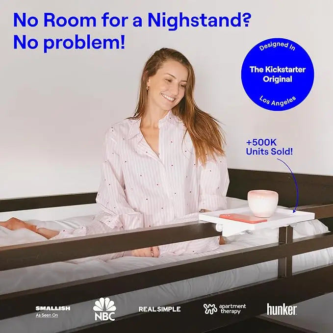 BedShelfie Bedside Shelf for Dorm Room Bunk Bed & Top Bunk, College Dorm Room Essentials, Bedside Caddy, Clip on Floating Desk Tray, Bed Side Table Storage, Loft Nightstand Decor - Cable Catch, White BedShelfie