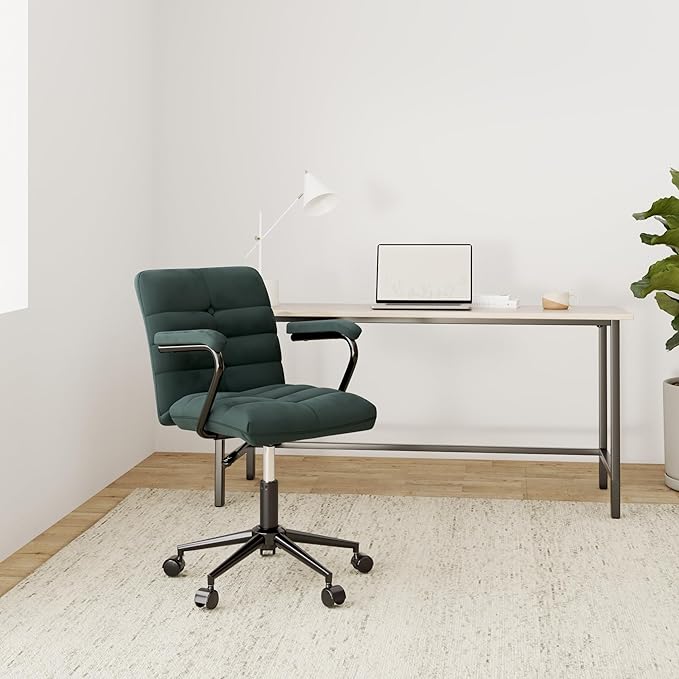Velvet Home Office Desk Chair, Upholstered Adjustable Swivel Task Chair with Wheels, Tufted Mid-Back Computer Chair with Arms, for Study Living Room Vanity (Dark Green, Black Base)
