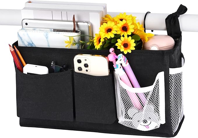 Loghot Bedside Caddy/Bedside Storage Bag Hanging Organizer for Bunk and Hospital Beds,Dorm Rooms Bed Rails,Can be Placed Glasses,Books,Mobile Phones,Keys (New Black-1)