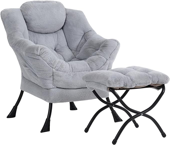 Plush Lazy Chair and Ottoman, Large Contemporary Accent Lounge Chair with Armrests and a Side Pocket, Modern Leisure Upholstered Sofa Reading Armchair with Footrest for Bedroom, Living Room