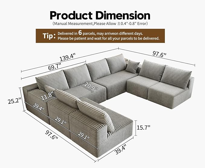 139.4" Modular Sectional Sofa Couch, Oversized U-Shaped Minimalist Couches with 4 Middle Seats Chaise, Modern Deep Seat Cloud Plush Corduroy Sofas Set for Living Room, 8 Seater, Grey