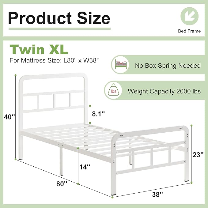 14 Inch White Twin XL Bed Frames with Headboard and Footboard, Heavy Duty Bed Frame Twin XL with Underneath Storage, No Box Spring Needed, Easy Assembly