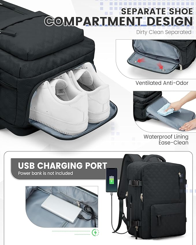 suwasp Vacuum Backpack Travel with Pump, Travel Backpack for Women Men, Personal Item Carry on Backpacks Flight Approved, Vacuum Compression Bags with Laptop Compartment/Shoe Compartment, BlackGrey
