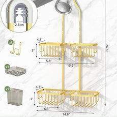 Adjustable Shower Caddy Hanging for Handheld Showerheads - Never Rust Shower Hanging Organizer, Upgraded Bathroom Shower Rack with Soap Basket, Hooks and Toothbrush Holder (Gold)