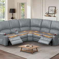Manual Reclining Sectional Sofa Set, 5 Seats Soft Leather Recliner Corner Sectional Couch, Family-Sized L-Shaped Recliner Couch with USB Charging, Thickened Padding, Sturdy Frame, Grey