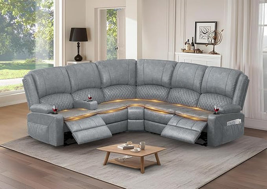 Manual Reclining Sectional Sofa Set, 5 Seats Soft Leather Recliner Corner Sectional Couch, Family-Sized L-Shaped Recliner Couch with USB Charging, Thickened Padding, Sturdy Frame, Grey