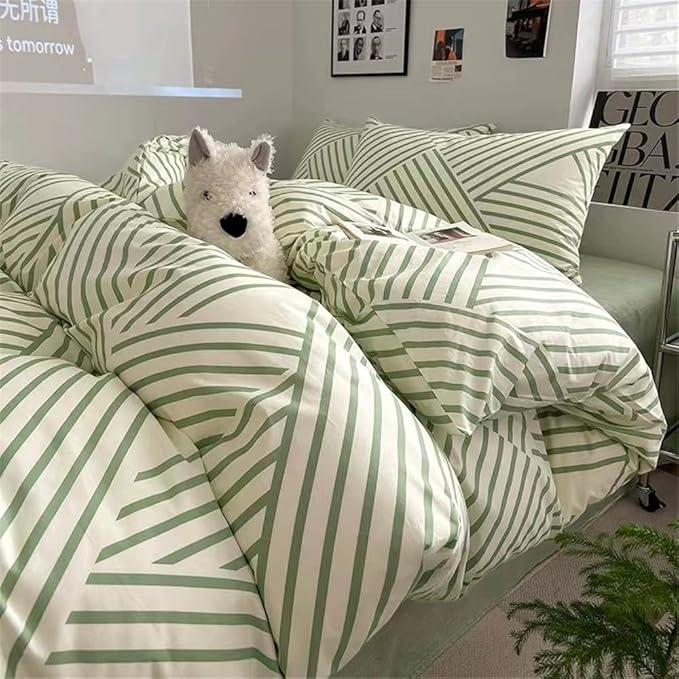VM VOUGEMARKET Cotton Duvet Cover Set Queen,Green Stripes Geometric Bedding Set (1 Stripes Duvet Cover+2 Pillowcases) Simple Modern Men Comforter Cover with Zipper Closure