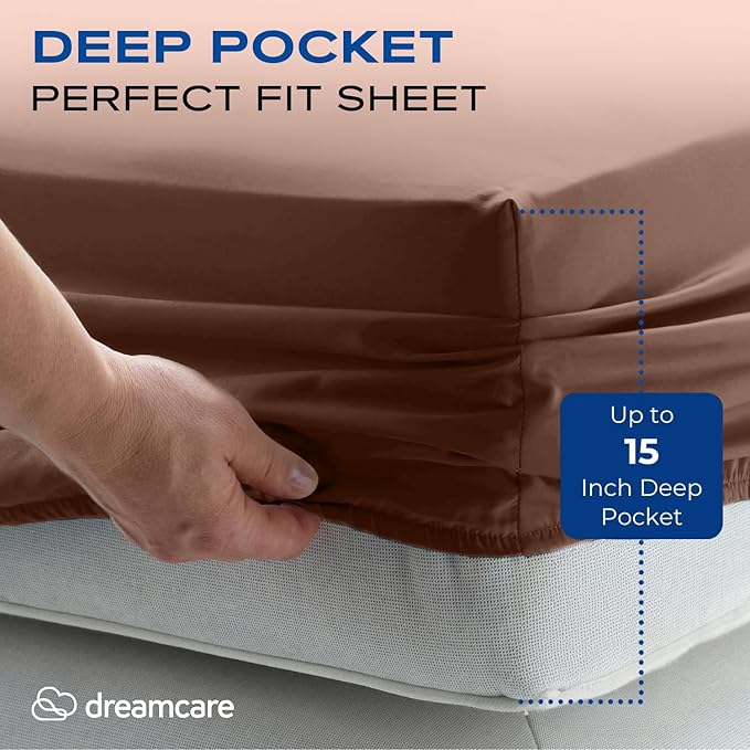 DREAMCARE Full Size Sheets Set - 4 Pcs Cooling Bed Sheets with Up to 15" Deep Pockets - Soft, Long-Lasting 100% Brushed Polyester with Side Pocket (Mocha Brown) DREAMCARE