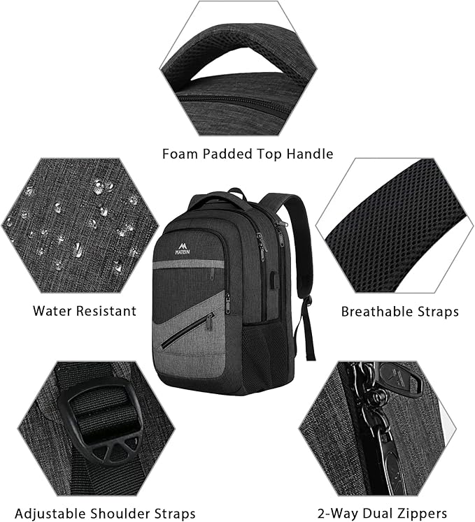 MATEIN 17 Inch Backpack for Men, Professional Work Office Laptop Backpack with USB Charging Port & Trolley Sleeve, Water Resistant Large College Daypack Travel Carry On, Black Grey