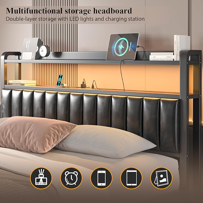 Full Size Bed Frame with 2-Tier Storage Headboard, Metal Platform Bed Frame with Storage Drawers, Built in Charging Station & LED Light, PU Leather, Non-Slip, Easy to Assemble, Black
