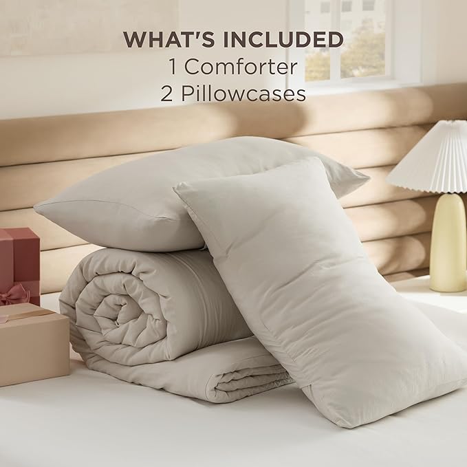 Bedsure Full Size Comforter Set, Beige Soft Prewashed Bedding for All Seasons, 3 Pieces GentleSoft™ Warm Down Alternative Bed Set, 1 Lightweight Comforter (82"x86") and 2 Pillowcases (20"x26")