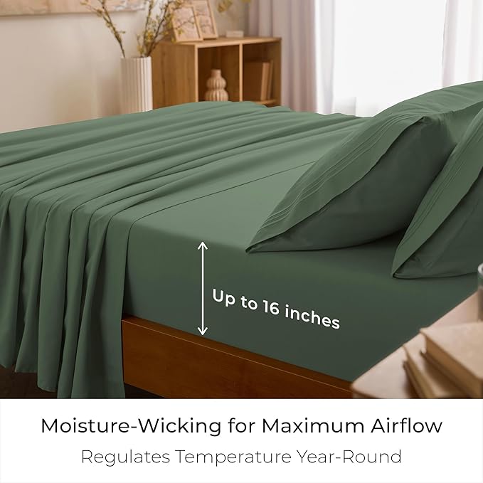 Mellanni Split King Sheet Set - 7-Piece Iconic Collection Bedding, (Including 4 Pillowcases), 16-Inch Deep Pocket, Easy Care, Extra Soft, Cooling Sheets, Brushed Microfiber - Sage