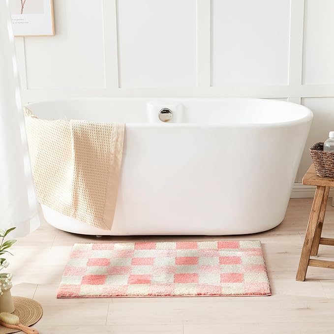 CozeCube Bath mats for Bathroom Non Slip, Fluffy Absorbent Microfiber Bath mat Washable, Aesthetic Bathroom Rugs, Long Blossom Pink Checkered Bath Runner, Blossom Pink, 59" x 24"