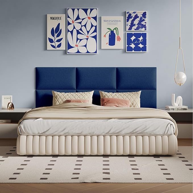 Coastal Blue Freestanding Linen Headboard 24x12 Inch 6-Panel Kit - Lightweight Portable Design for Queen Beds, Quick Setup Solution