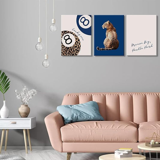 Navy Blue 3 Pcs Leopard Print Canvas Wall Art Cheetah animal prints 8 Ball Lucky Me pictures Trendy Wall decor Y2k aesthetics painting artwork for Apartment Dormitory College Decoration 12x16in