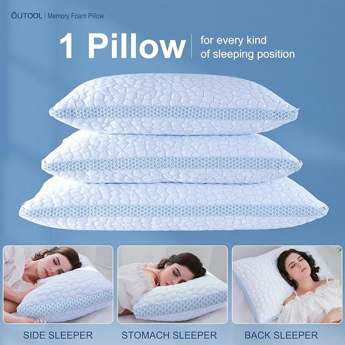 QUTOOL Enhanced Cooling Gel Pillow Standard Size 1 Pack, CertiPUR-US Shredded Memory Foam Pillows for Hot Sleepers, Support Yet Soft Adjustable Bed Pillow for Side, Back, Stomach Sleepers, Home Gifts