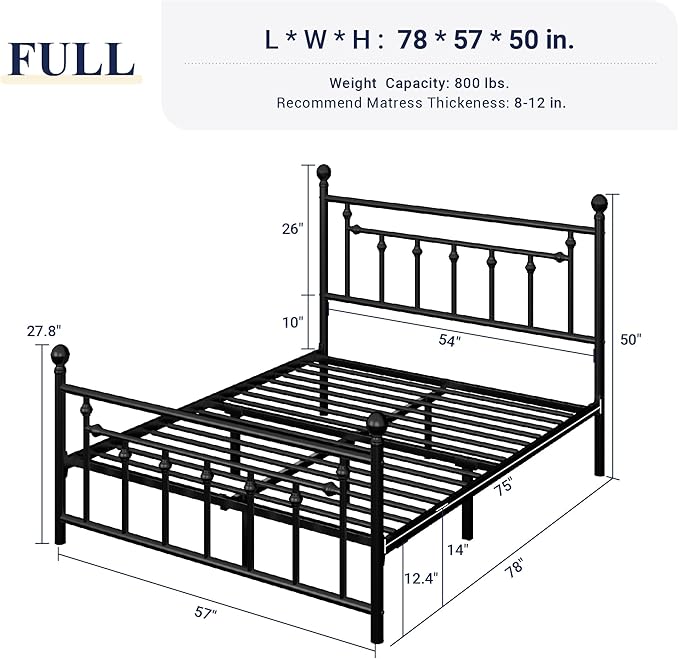 Allewie 14 Inch Full Size Metal Platform Bed Frame with Victorian Vintage Headboard and Footboard/Mattress Foundation/Under Bed Storage/No Box Spring Needed/Easy Assembly/Noise Free/Black