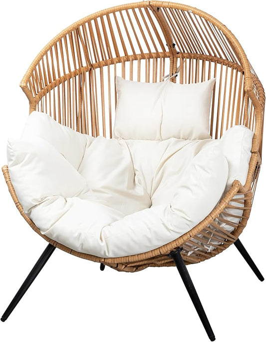 Vongrasig Comfy Wicker Egg Chair, Soft Thick Cushion Rattan Lounge Chair, High Capacity Steel Frame, Reading Chair for Living Room, Bedroom, Dorm Rooms (Beige)