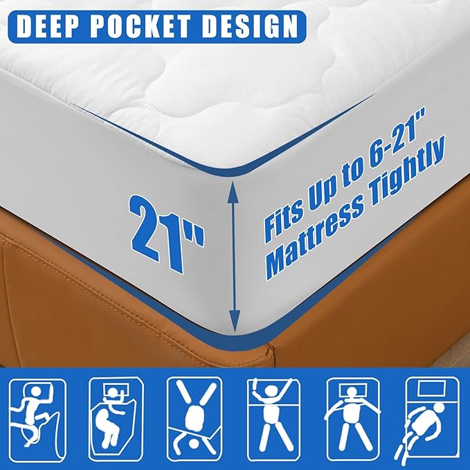 Waterproof Mattress Protector Twin XL Size, 6''-21'' Deep Pocket Fitted Quilted Mattress Pad Cover, Breathable Hollow Cotton Mattress Cover