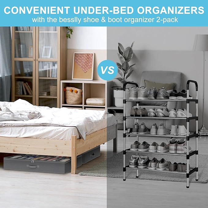 2 Pack Under Bed Shoe Storage Organizer for Closet, Fits Total 32 Pairs Foldable Underbed Shoes Containers Boxes Under the Bed Storage with Sturdy Handles&Clear Window for College Dorms, Light Grey