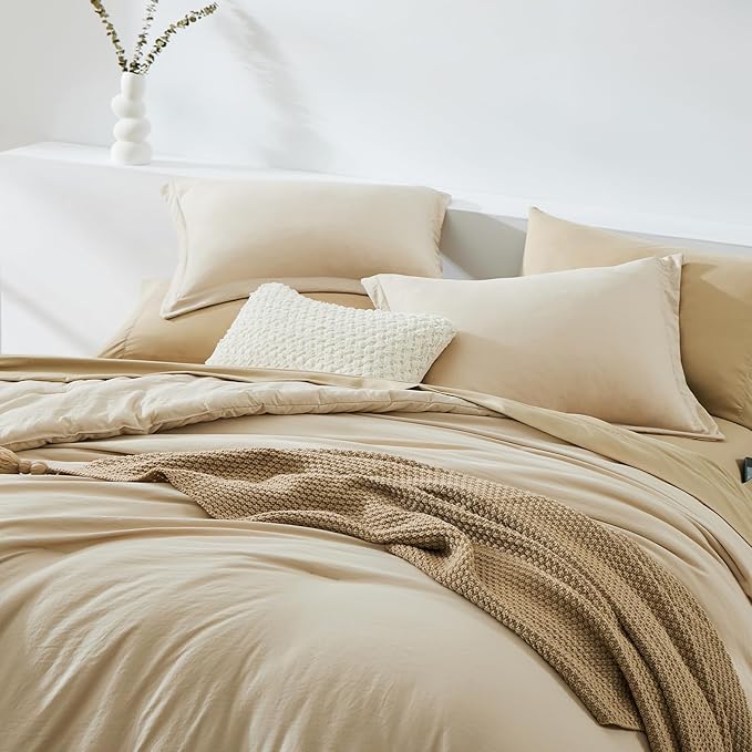 WRENSONGE Twin Comforter Set- 5 Pieces Beige, All Season Twin XL Bedding Sets with 1 Fitted Sheet, 1 Flat Sheet, 1 Pillow Sham and 1 Pillowcase