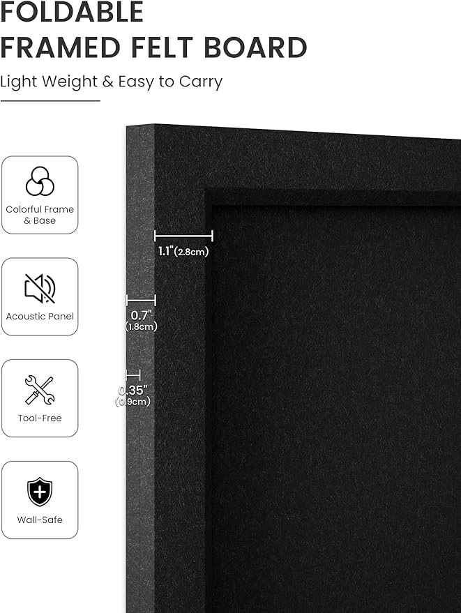 Foldable Cork Board Alternative, Felt Bulletin Board 24" x 18" Black Frame with 16 Adhesive Tabs, Pin Board for Home Office, Classroom, Entryway, Kitchen Wall Decor—Black