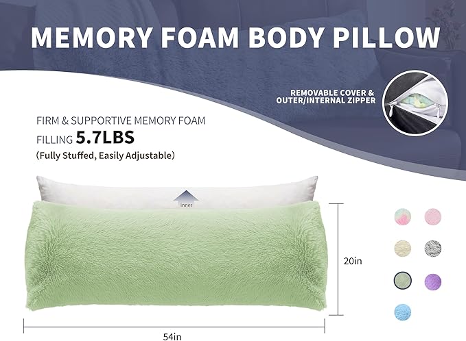 Large Memory Foam Body Pillow with Removable Long Firm 20x54 Body Pillow Cases for Bed Green Pregnancy Custom Body Pillows Snuggles Pillows Body Machine Washable