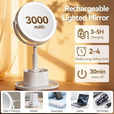 Shinowa Makeup Mirror with Lights, 1X/20X Lighted Magnifying Mirror with Storage for Makeup & Jewelry, 2-Sided Height Adjustable Vanity Mirror with 3 Color Lights, 360° Rotation & Rechargeable, White