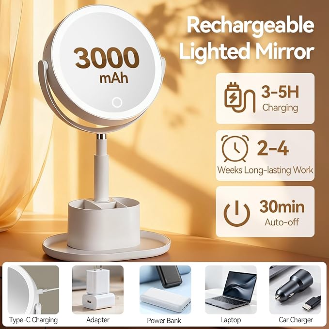 Shinowa Makeup Mirror with Lights, 1X/20X Lighted Magnifying Mirror with Storage for Makeup & Jewelry, 2-Sided Height Adjustable Vanity Mirror with 3 Color Lights, 360° Rotation & Rechargeable, White