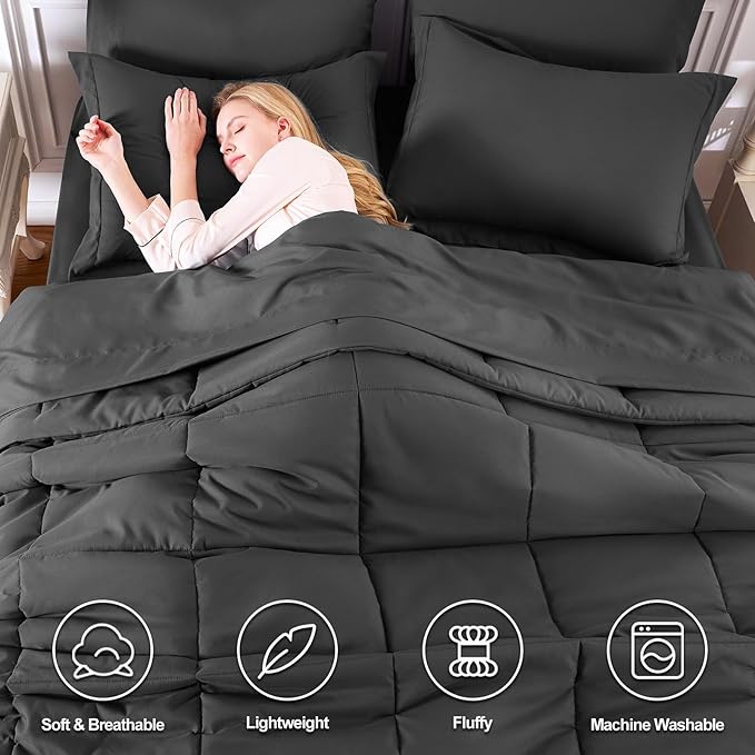 CozyLux King Size Comforter Set Dark Grey - 7 Pieces Bed in a Bag King, Okeo-Tex Certifited Bedding Set, All Season Soft Bed Set with Down Alternative Comforter, Sheets, Pillowcases & Pillow Shams
