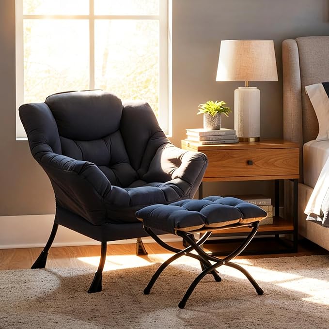 Tiita Lazy Chair with Ottoman, Modern Large Accent Lounge Armchair, Comfy Leisure Sofa Reading Chair with Footrest for Bedroom, Living Room, Dorm Rooms, Garden and Courtyard, Navy