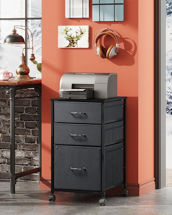 DEVAISE Mobile File Cabinet, Rolling Printer Stand with 3 Drawers, Fabric Vertical Filing Cabinet fits A4 or Letter Size for Home Office, Black