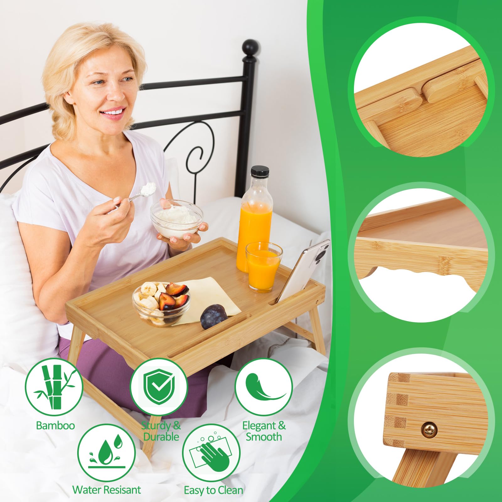 Bed Tray Table with Handles Folding Legs Bamboo Breakfast Food Tray with Media Slot for Platters,Laptop Desk,Snack,TV Tray Kitchen Serving Tray Dormly