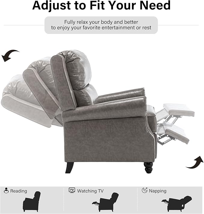 Faux Leather Recliner Chair, Modern Pushback Armchair with Adjustable Backrest & Footrest for Bedroom, Living Room (Grey,Set of 1)