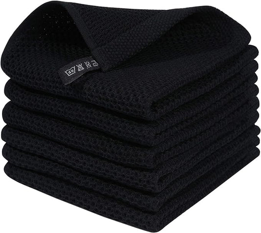 Homaxy 100% Cotton Waffle Weave Kitchen Dish Cloths, Ultra Soft Absorbent Quick Drying Dish Towels, 12 x 12 Inches, 6-Pack, Black