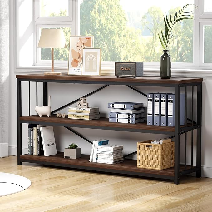 IBF Walnut Low Wide Bookcase, Vintage 63 Inch Long 3 Tier Open Book Shelf, Farmhouse Big Wood Metal Sturdy Bookshelf Display Case, Simple Large Etagere Bookshelves for Home Living Room Office Bedroom