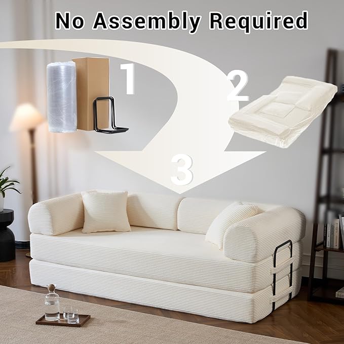 Compressed Sofa, Convertible Sofa Bed, Corduroy Compression Boneless Couch with Pillow, Comfy Modular Foldable Floor Sleeper Sofa for Bedroom, Living Room, Lounge, Studio (White)