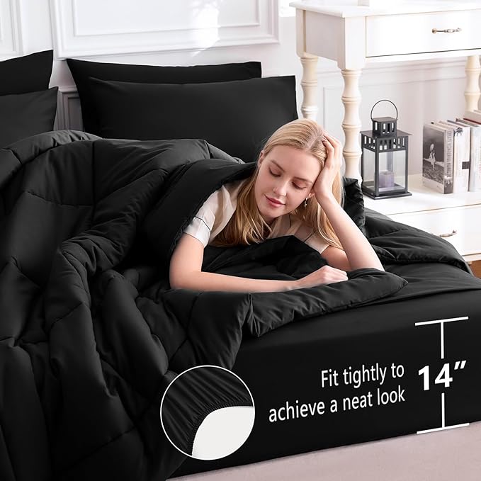 CozyLux Oversized King Comforter Sets Black, 7 Pieces Bed in a Bag, Ultra-Soft All Season Bedding Sets with Stitch Quilted Comforter, Flat Sheet, Fitted Sheet, Pillowcases, Black