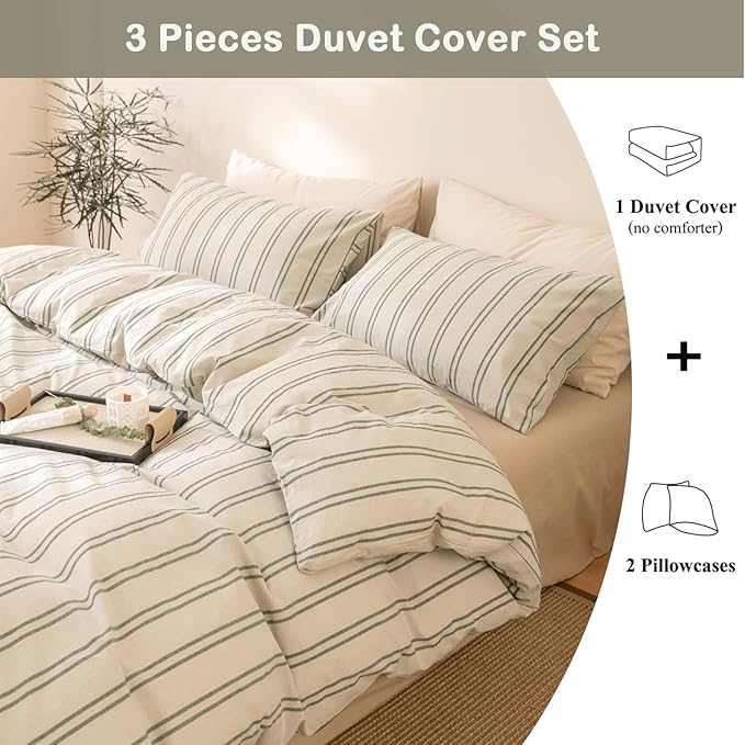VM VOUGEMARKET Striped Duvet Cover Set Queen Beige 100% Washed Cotton Bedding Set,Grey Vertical Ticking Stripes Pattern Comforter Cover with Zipper Closure (3pcs, Queen Size)