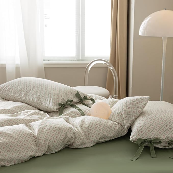 mixinni Red Floral Duvet Cover Set Twin Size - 100% Cotton Green Grid Bedding with Bow Ties, 3PC Cottagecore Comforter Cover (1 Duvet Cover + 2 Pillowcases) Vintage Garden Style Soft Aesthetic