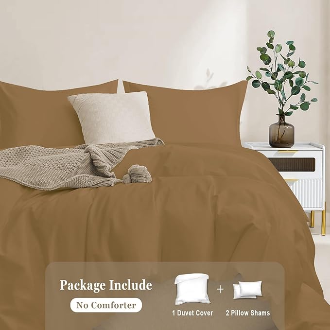 100-Percent Cotton Duvet Cover Set, Hidden Zipper Closure, Ultra Soft, Easy Care and Durable, Simple Bedding Style, Queen, Light Brown (Comforter Not Included)