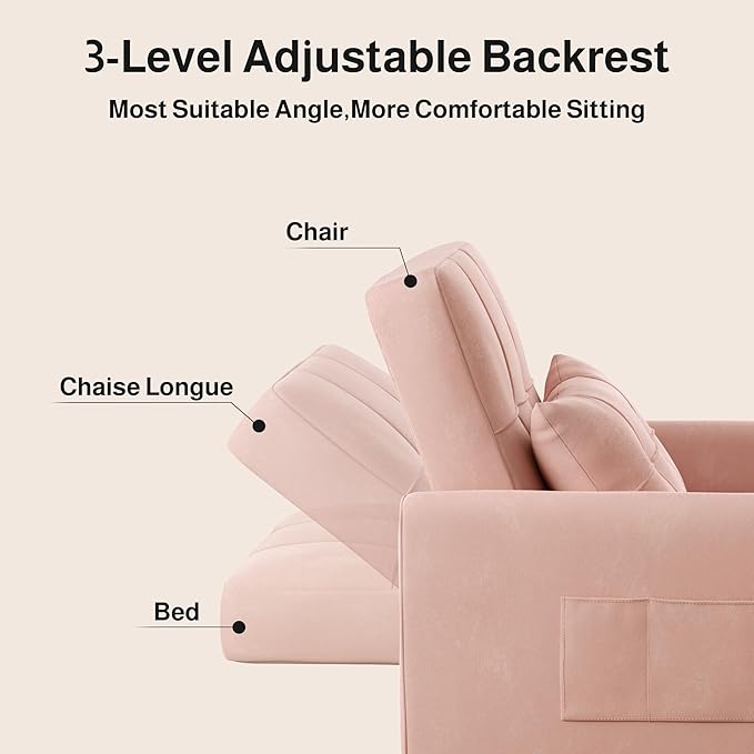 Ahomly Convertible Sleeper Chair Sofa Bed with 3-in-1 Design, Adjustable Backrest, and Storage Pocket for Living Room, Pink