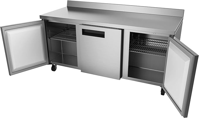 KoolMore 72" Stainless Steel 3 Door Worktop Commercial Refrigerator with 3 1/2 Backsplash - 16.9 cu.ft, Model: RWT-3D-16C