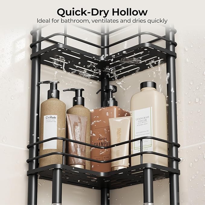 Orimade Rustproof 3 Tier Floor Standing Corner Shower Caddy Organizer with Toothbrush Holder, Large Spacing Floor Shower Shelf Rack Storage Stands with Hooks for Bathroom Kitchen, Black