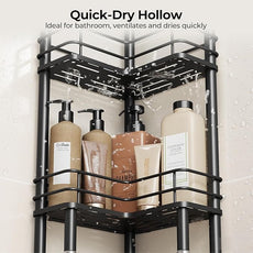 Orimade Rustproof 4 Tier Floor Standing Corner Shower Caddy Organizer with Toothbrush Holder, Large Spacing Floor Shower Shelf Rack Storage Stands with Hooks for Bathroom Kitchen, Black