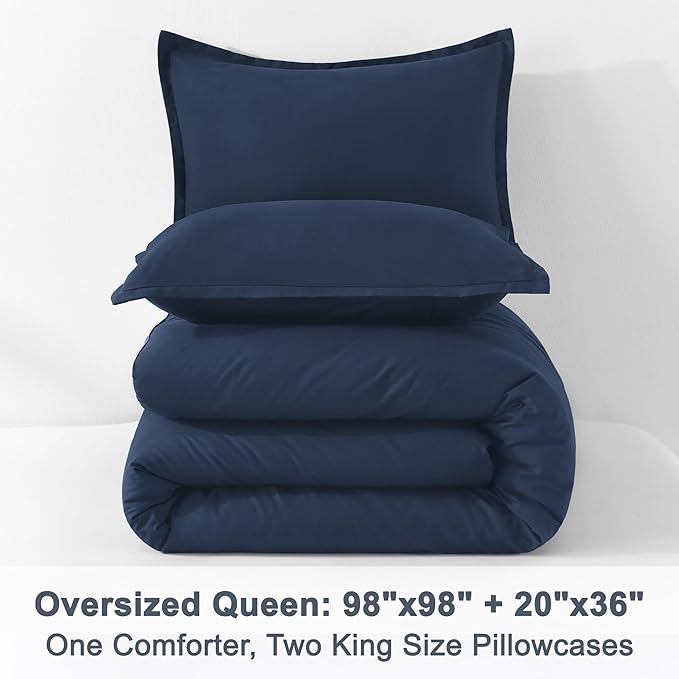 Litanika Comforter Set, Lightweight Solid Bedding Comforter Set, Fluffy Down Alternative Bed Set, Navy Blue, Oversized Queen