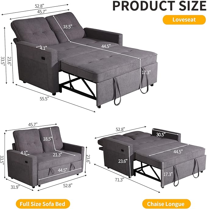 EJUNQ Pull Out Couch, Convertible Sofa Bed with USB and Reclining Backrest, Modern 3 in 1 Sleeper Sofa Couch Bed with Side Pockets, Comfortable Loveseat Sleeper for Small Spaces.((Gray)