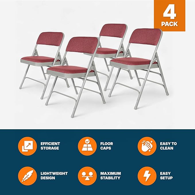 OEF Furnishings OEF2300 Series Heavy-Duty Premium Fabric Padded Upholstery Double-Hinged Triple-Braced Folding Chairs (4-Pack, Crimson Red/Gray)