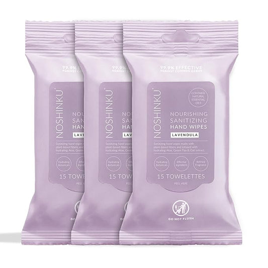 Noshinku – Lavendula Hand Sanitizer Wipes, 3-Pack (45 Towelettes) – Resealable Travel Wipes with Ethyl Alcohol, Aloe & Green Tea, Plant-Based Fiber, Essential Oil Scents, Cruelty-Free & No Dyes